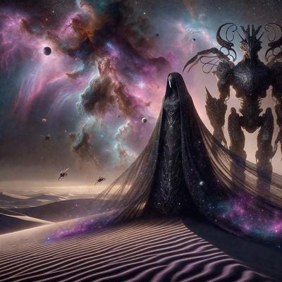 The primary subject of the image is a woman dressed in a long, flowing gown. She is standing in front of a large, robotic-like creature. The setting appears to be a desert-like environment, with a purple sky in the background. The visual style of the image is digital art, with a focus on the woman and the robotic creature. The colors and mood of the image are predominantly purple, creating a sense of mystery and intrigue.